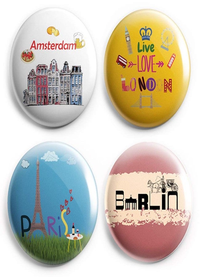 AVI 58mm Regular Size Badges Metal Multicolor Travel Souvenirs Paris, Amsterdam, Berlin and Yellow London Pack of 4 C4R8002161 - Image 1